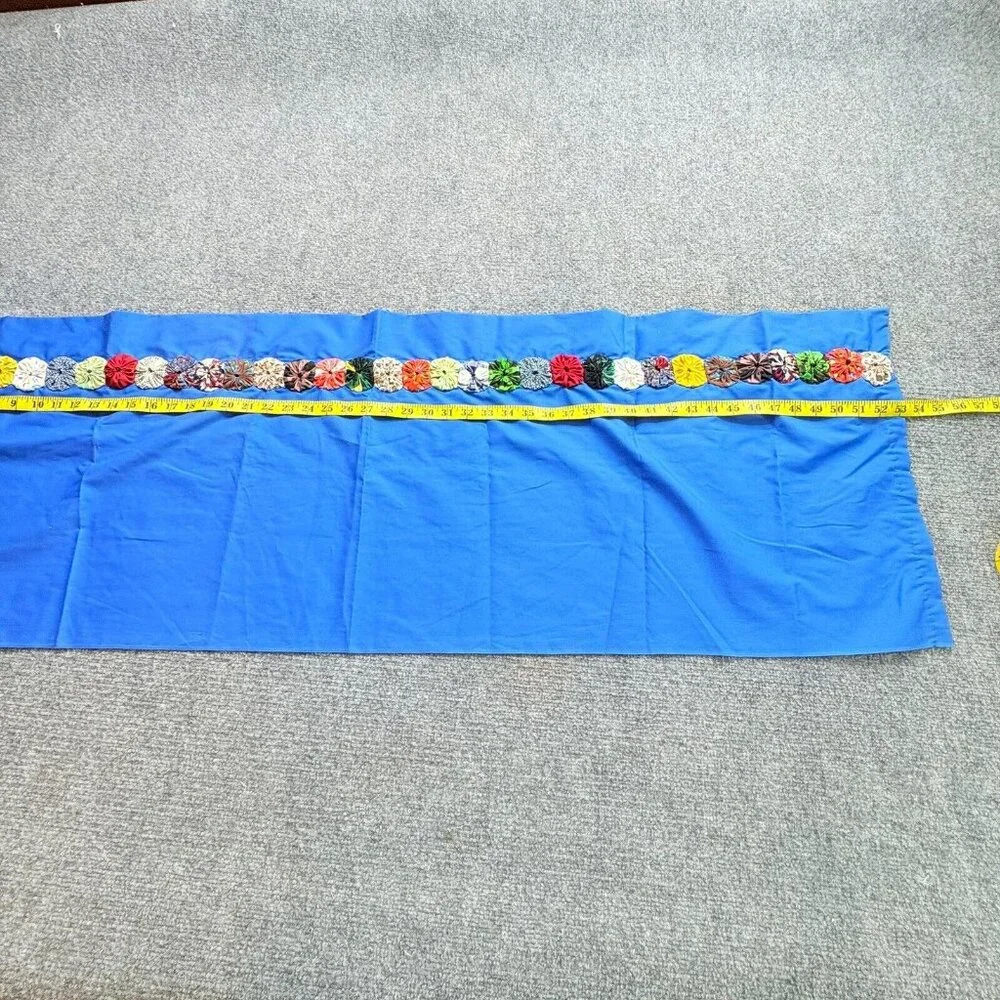 Handmade Blue Table Runner 53x17 Boho Retro Raised Fabric Flower Trim Cottage‎